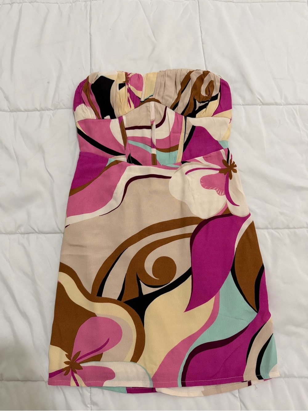 NWOT Sky to Moon Strapless Abstract Retro Floral Mini Dress Pink Brown Size S